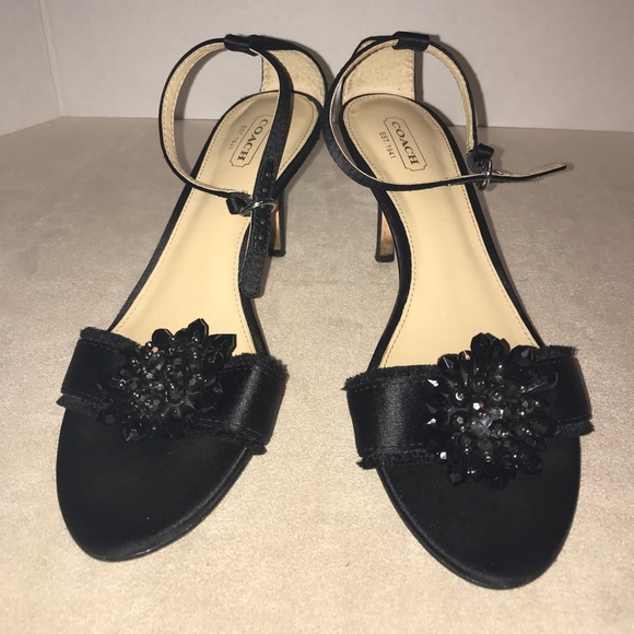 Coach Shoes 8.5 Black Satin Open Toe 3” High Heels Formal Semi Dressy Beaded - Picture 8 of 8